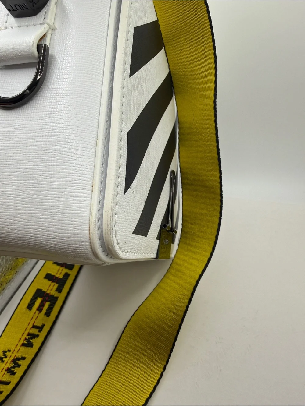 Off-White Inspired White & Black Diagonal Stripe Crossbody Bag with Yellow Strap